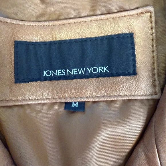 Jones New York Cognac Leather Jacket M Fitted Y2K Zip Tailored Caramel Blazer - Picture 8 of 14